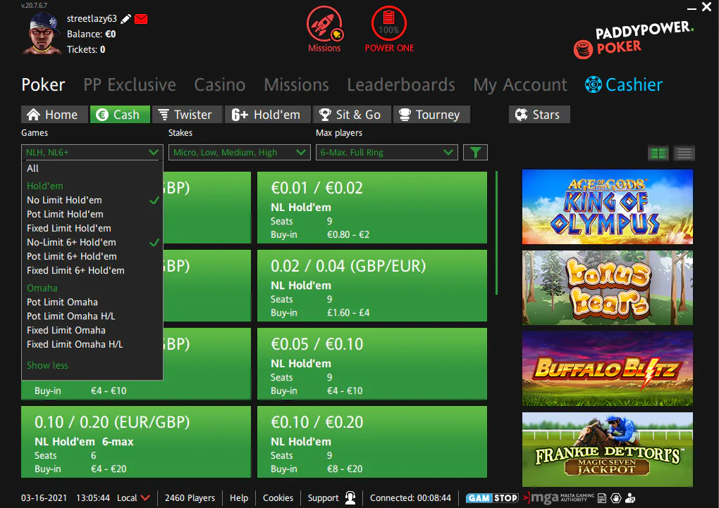 Paddy Power Cash Game Lobby