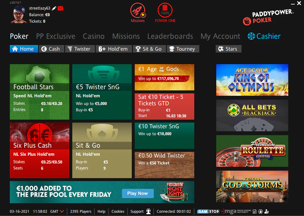 Paddy Power Poker client lobby