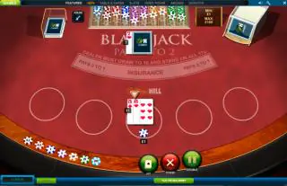 Blackjack table ongoing hand. Player 16(double 8s) vs dealer 9. Hit, Stand, or Split.