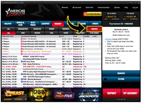 Americas Cardroom. Lobby view highlighting private tab.