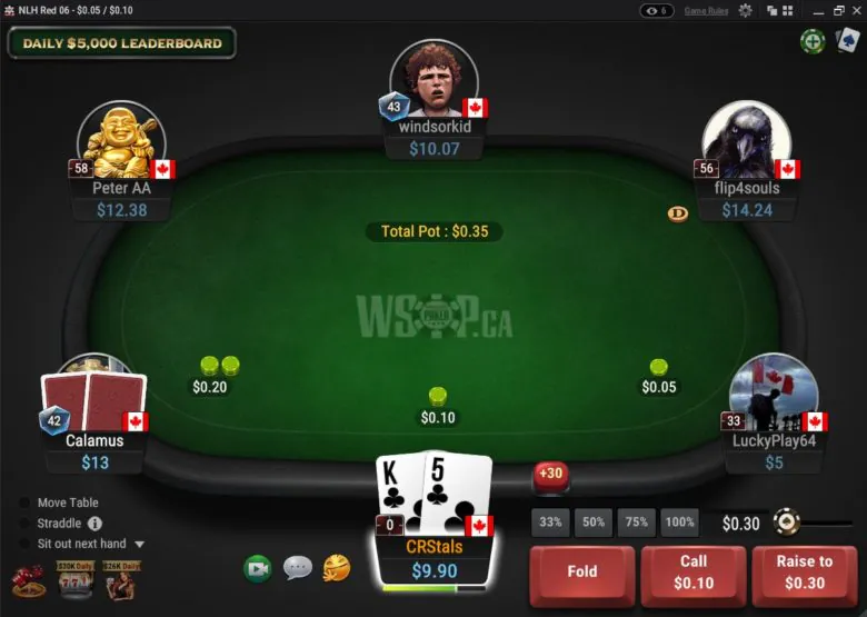 WSOP.CA. Cash Game table action NLH10.