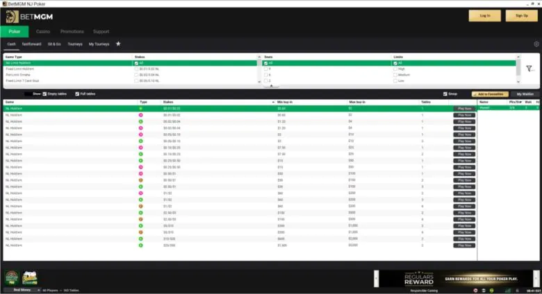 BetMGM Cash Game Lobby.