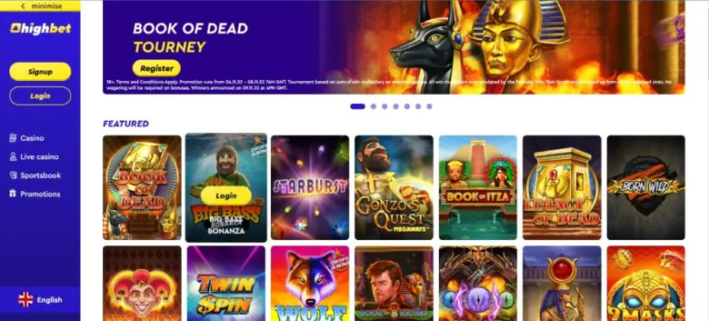 HighBet casino games lobby experience