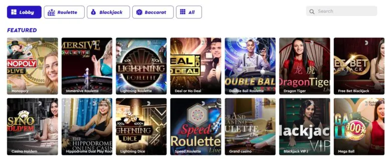 HighBet live casino lobby featured live games