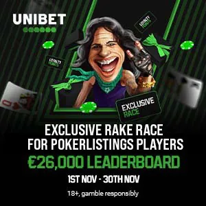 Unibet poker. Exclusive Rake Race for PokerListings player.