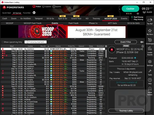 PokerStars lobby view.