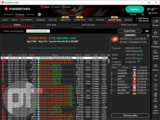 PokerStars SCOOP Tournament Lobby.