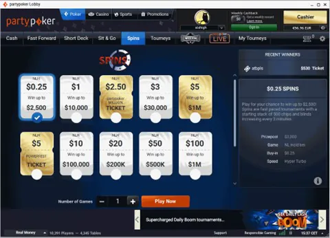 partypoker Sit & Go lobby view.