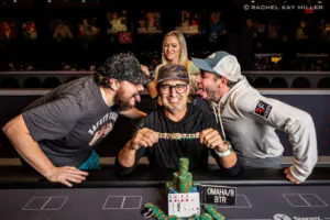 Josh Arieh with his rail after winning his second bracelet this simmer and sixth total