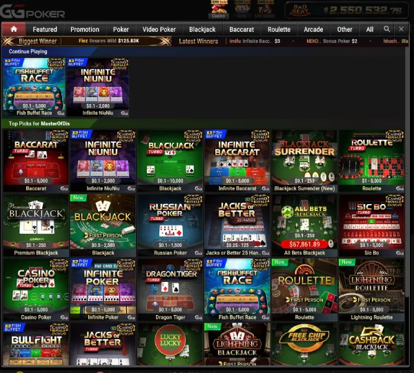 GGPoker Casino Games Lobby