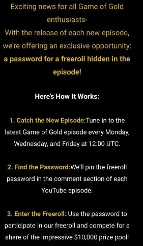 Game of Gold Poker Password Instructions