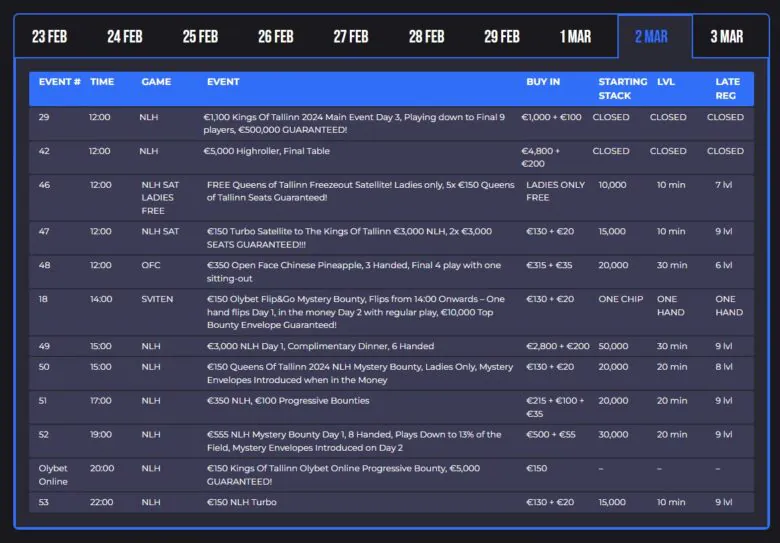 Kings Of Tallinn 2024 schedule March 2.