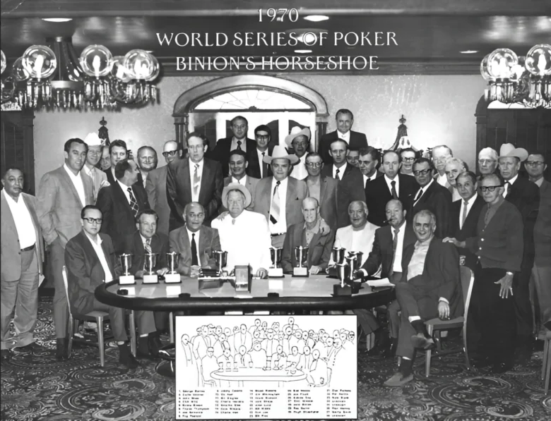 The 1970 WSOP at Binion’s Horseshoe: a historic gathering of poker legends, not just one table but a vibrant group playing various games over days. Featuring Johnny Moss, Doyle Brunson, Amarillo Slim Preston, Puggy Pearson, Sailor Roberts, Crandell Addington, Jack Binion, Benny Binion, Carl Cannon, Dave Reed, Jimmy Casella, Joe Bernstein, Aubrey Day, John King, Tom Moore, T.J. Cloutier, Johnny Crawford, Perry Green, Sam Moon, and Bill Boyd—launching an iconic era.