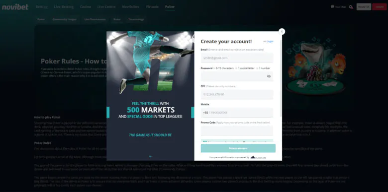Novibet Poker registration form