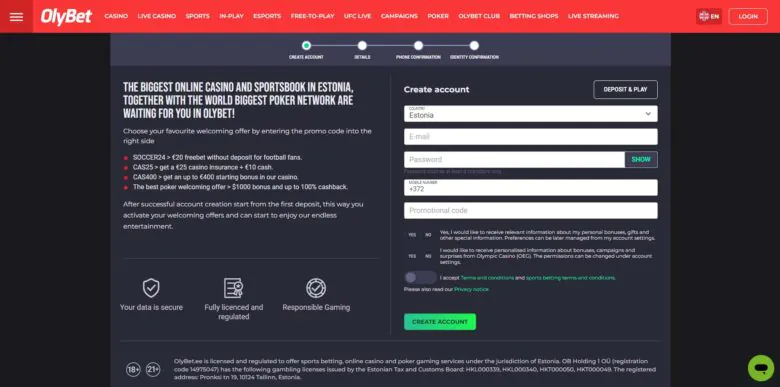 Olybet poker registration form