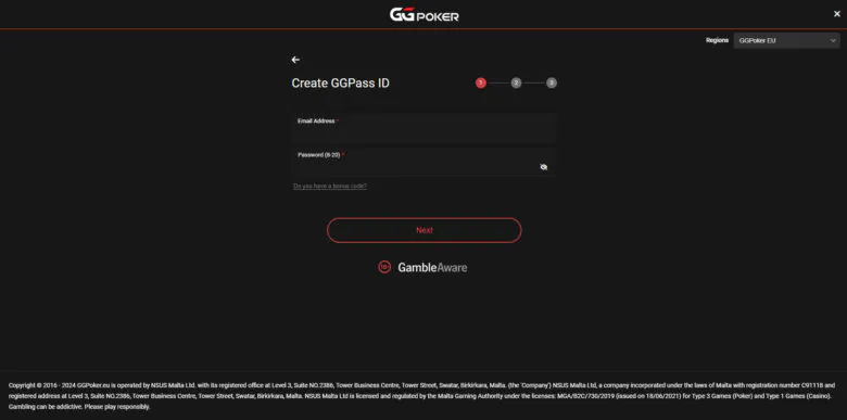 GGPoker Casino registration form