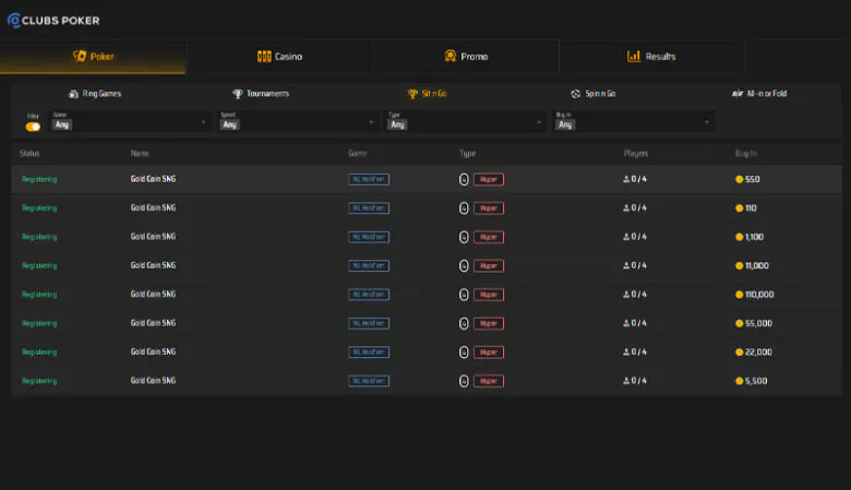 Clubs Poker Sit & Go Games