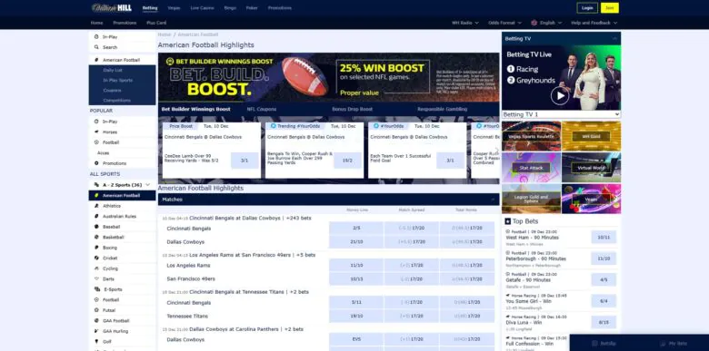 William Hill Sportsbook American football section