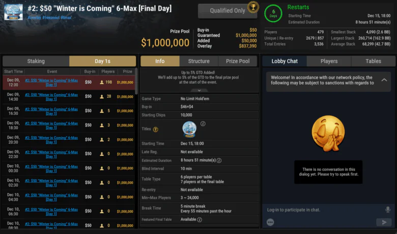 Winter Giveaway Series $50 Winter is Coming 6-Max $1M GTD + Add-On $50K